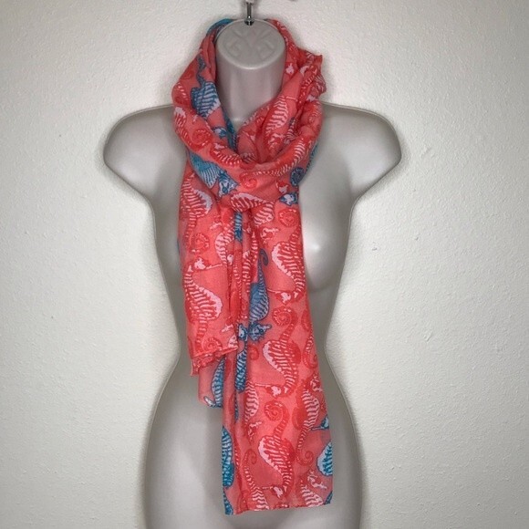 Seahorse Graphic Coral Aqua Teal Long Rectangle Scarf 22 X 71 Lightweight - Picture 5 of 7